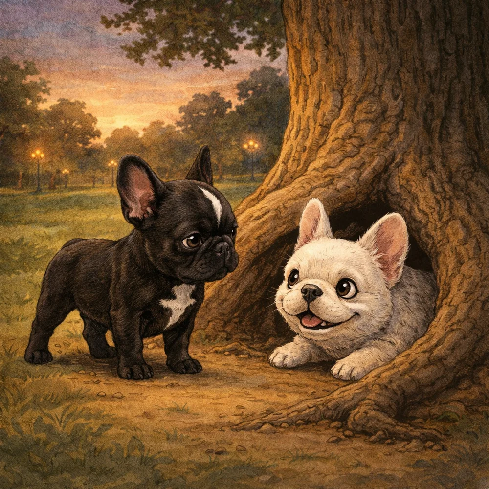 Flower and Marshmallow meet beneath a big oak tree in the golden evening light