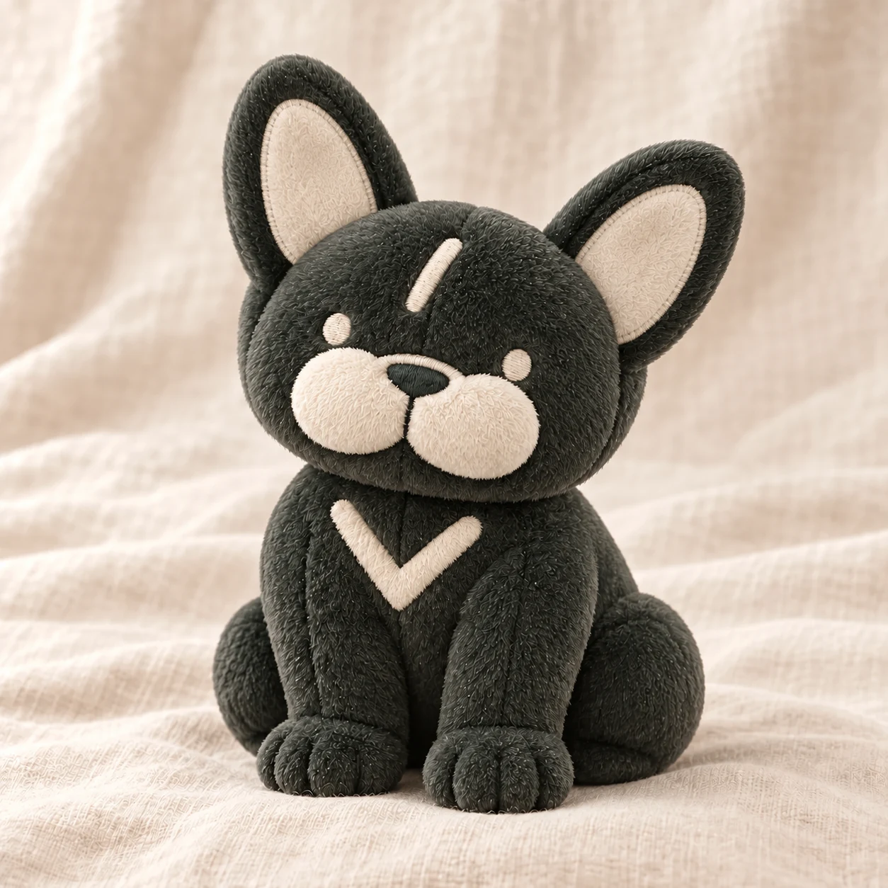 Classic Boss Biscuit Plushie concept based on the seated logo: a squat dark-sage soft mascot with oversized uneven ears, simple cream stitched-looking face, forehead line, V-shaped chest detail and rounded paws.