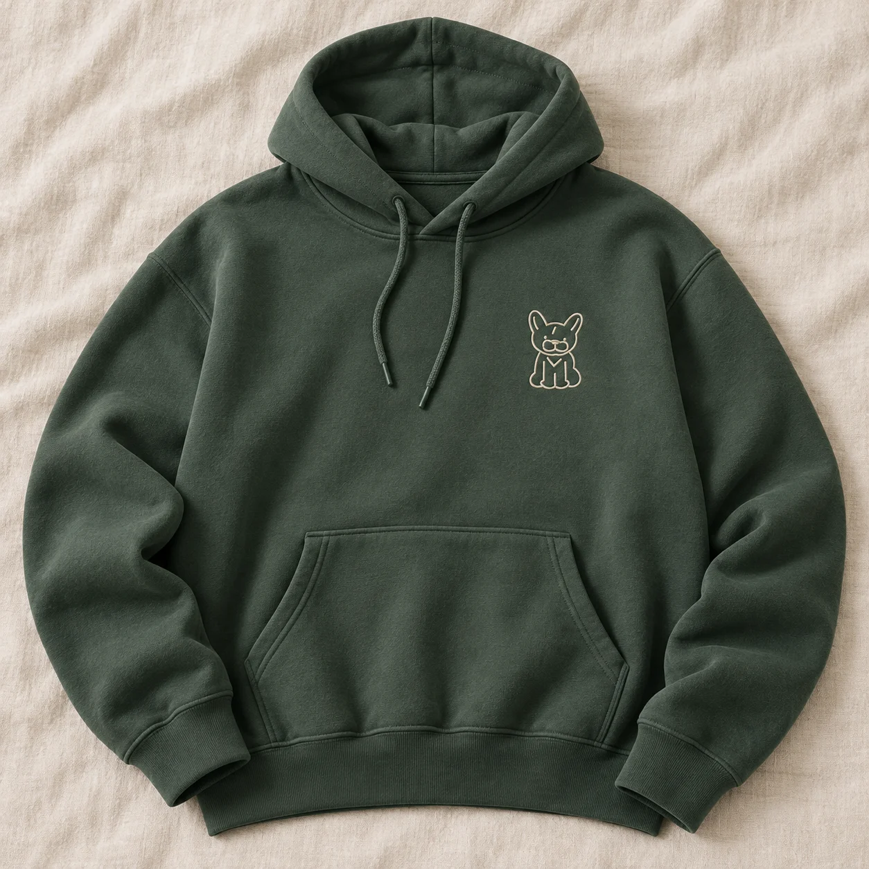 Deep sage pullover hoodie concept with a visible hood, drawstrings and small cream Flower outline on the chest.