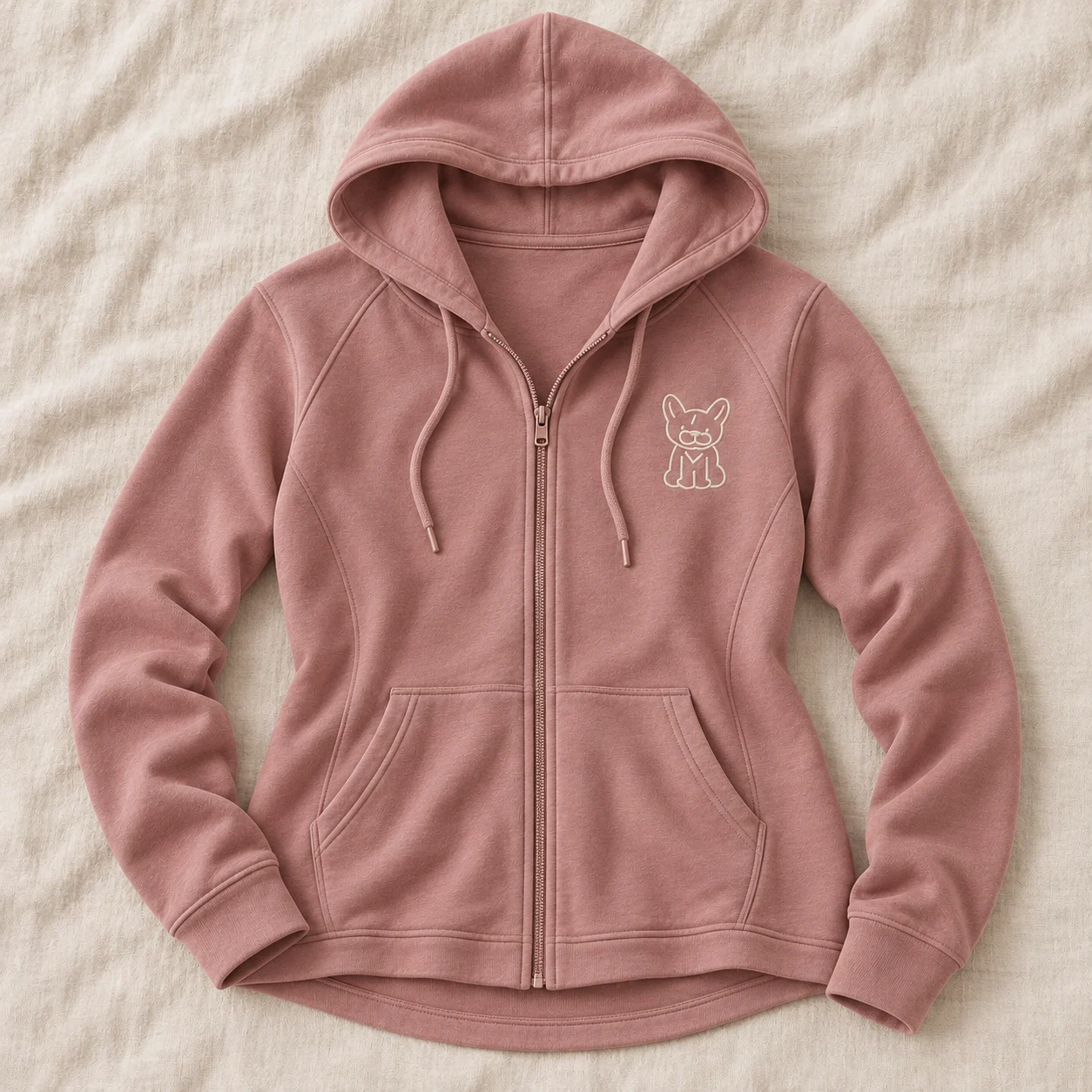 Pink lightweight hoodie with a small provisional Flower outline concept
