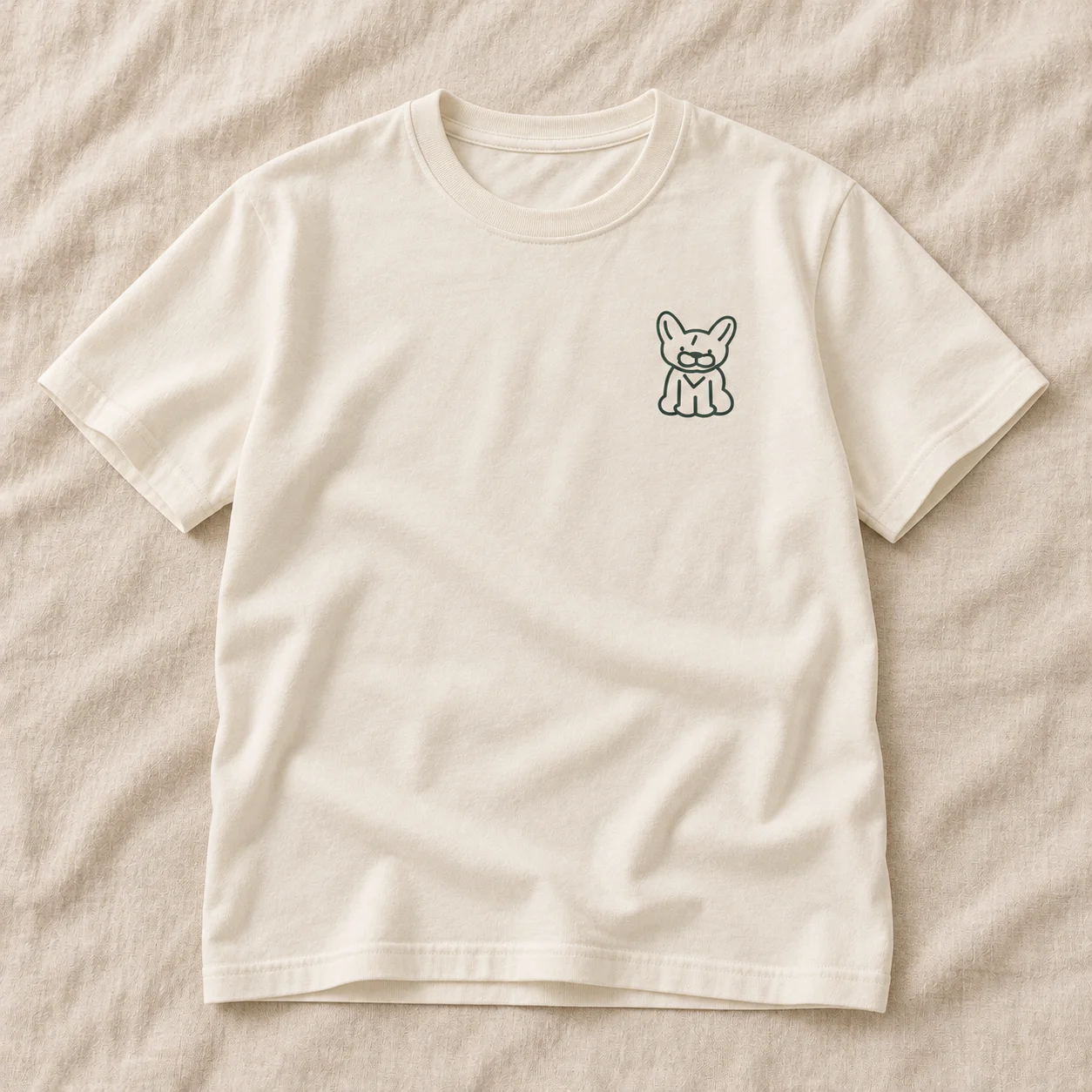 Ivory short-sleeve tee concept with only a small dark sage Flower outline on the chest and no lettering.