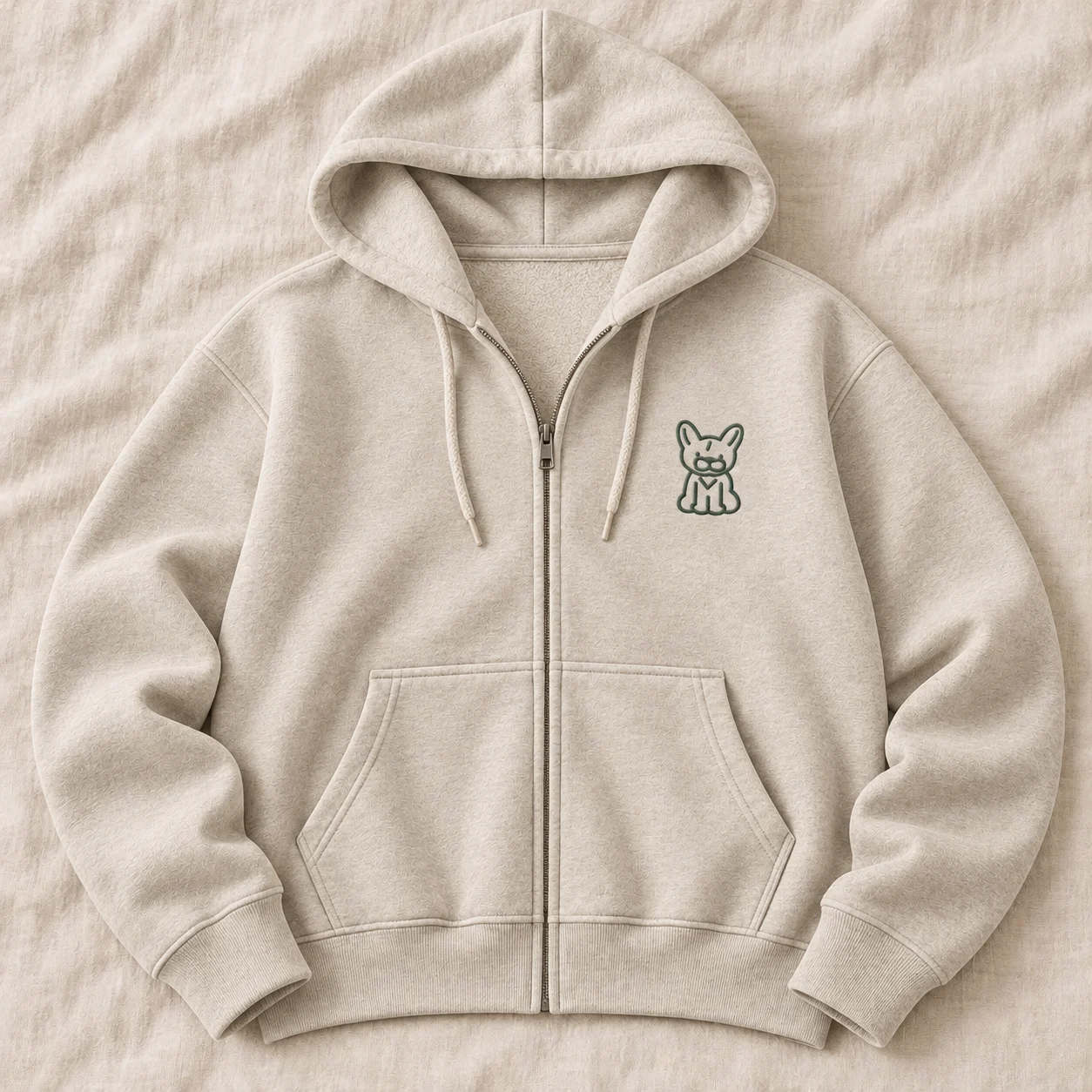 Oatmeal zip-through hooded sweatshirt concept with an open visible hood and small dark Flower outline on the chest.