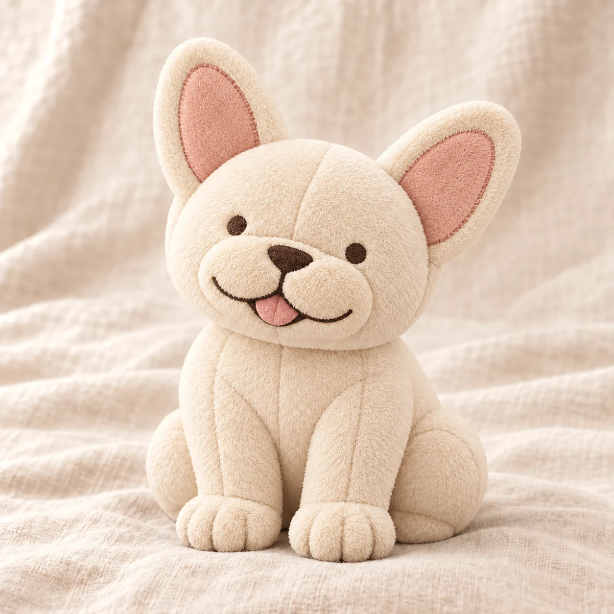 Marshmallow Plushie concept in a simple rounded toy style: cream fabric, oversized uneven ears with recessed pink panels, tiny dark-brown embroidered dot eyes, a padded two-lobed muzzle, stitched smile, little pink tongue and rounded seated paws.