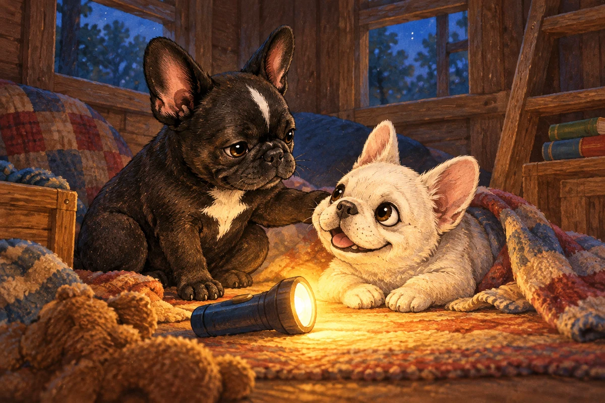 Flower staying calm and Marshmallow with a flashlight in the softly darkened shop.