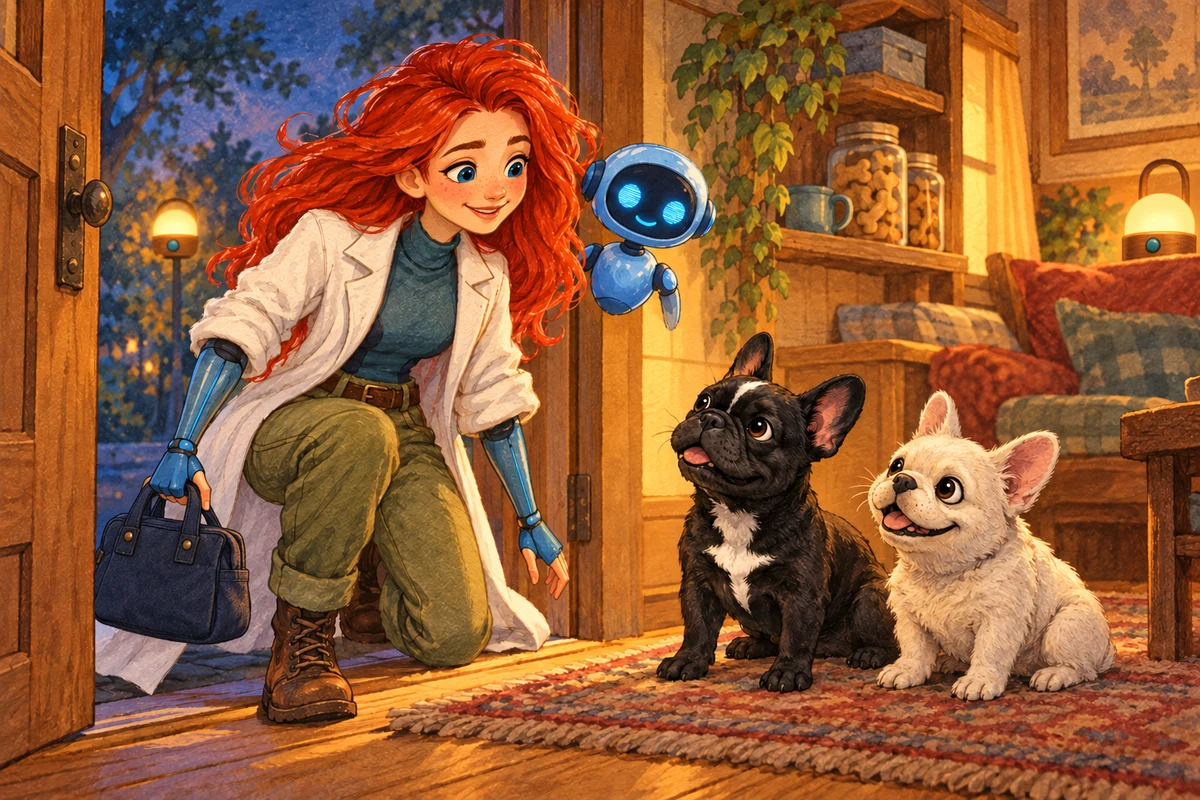 Red, the human inventor, arriving with her idea bag and little blue robot as Flower and Marshmallow welcome her.