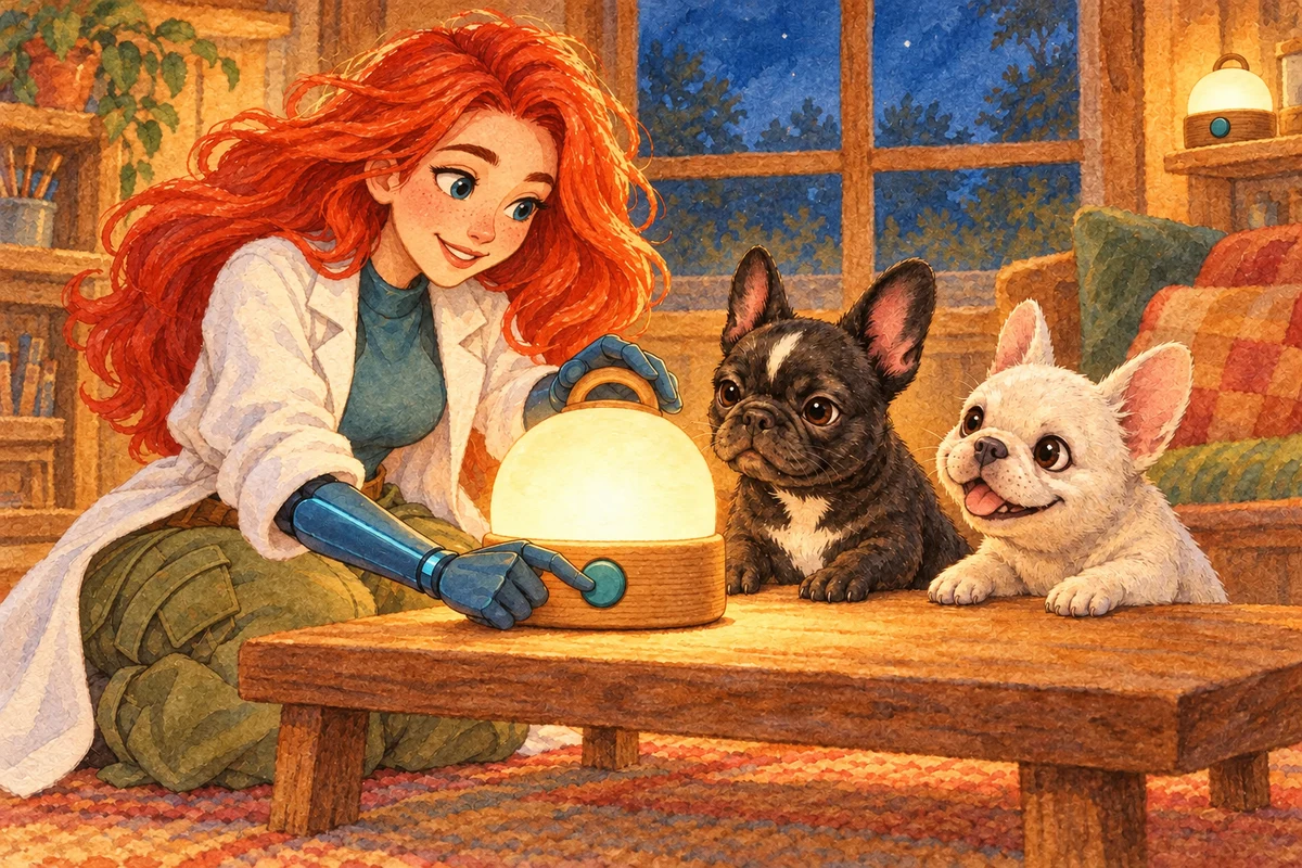 Red showing the dogs her enclosed, battery-powered Snack-Light lantern.