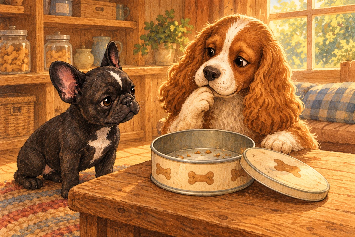 Mr. Wiggles, a brown-and-white spaniel, showing Flower his empty biscuit tin.