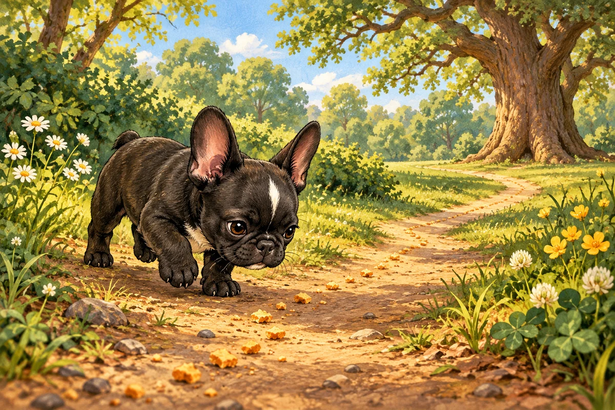 Flower sniffing a winding trail of crumbs along a park path toward the big oak tree.