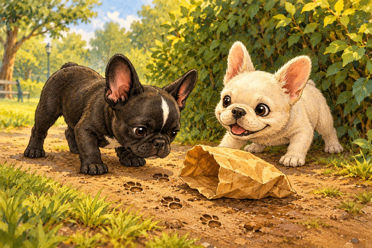 Flower and Marshmallow inspecting little paw prints and a paper bag near a hedge.