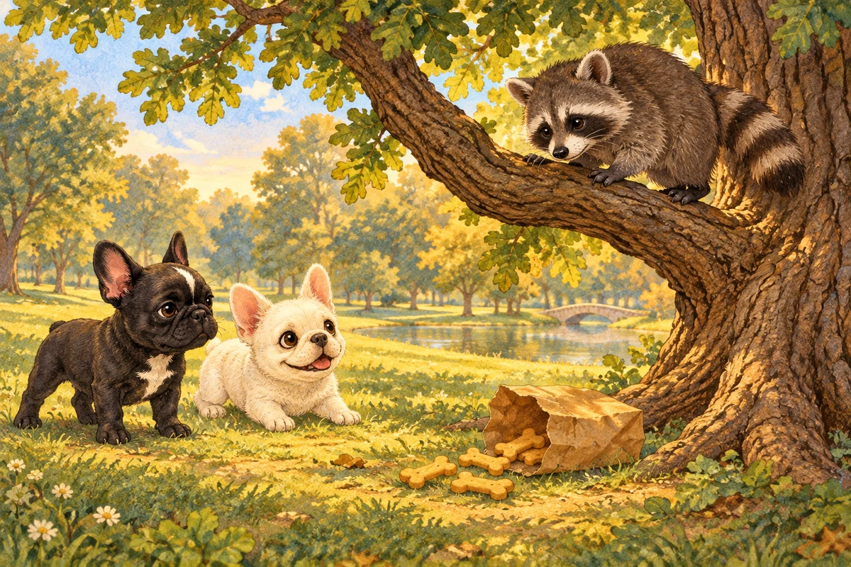 A raccoon climbing the oak tree, leaving the biscuit bag on the grass below.